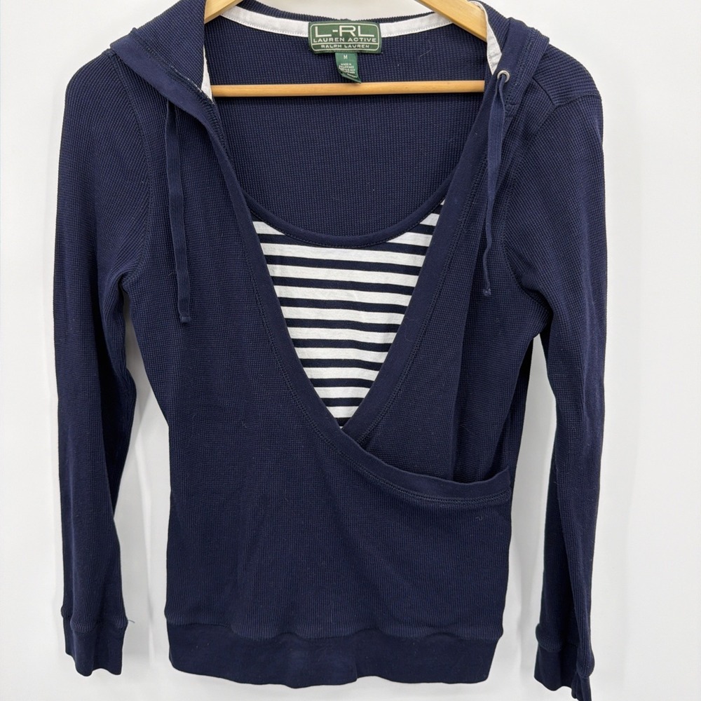 LRL Lauren Active Ralph Lauren M Navy Waffle Wrap Hoodie Attached‎ Stripe Shirt